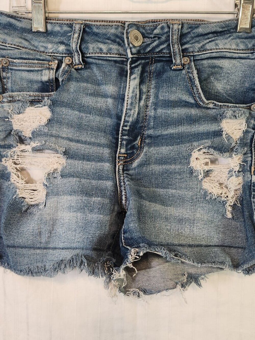 American Eagle Ne(x)t Level Stretch High Rise Distressed Frayed Shortie Jeans 8